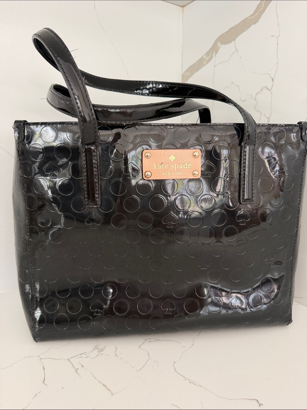 kate spade Black Patent Embossed Tote with Logo Plaque